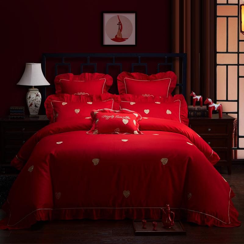 

Luxury 100% Cotton Deeply In Love Wedding Bedding Set Embroidery Duvet Cover Bed Sheet Pillowcases Queen Size King 4/6/7pcs, Hyf1