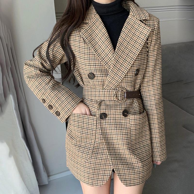 

Lucyever Fashion British Style Plaid Suit Jacket Women Autumn 2021 Korean Sashes Button Blazer Woman Pockets Long Outwear Mujer, Multi