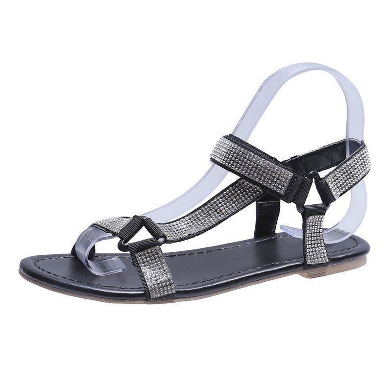 

2021 new national style sandals female cross-border flat bottom large size rhinestone sandals wish foreign trade explosion model, Black