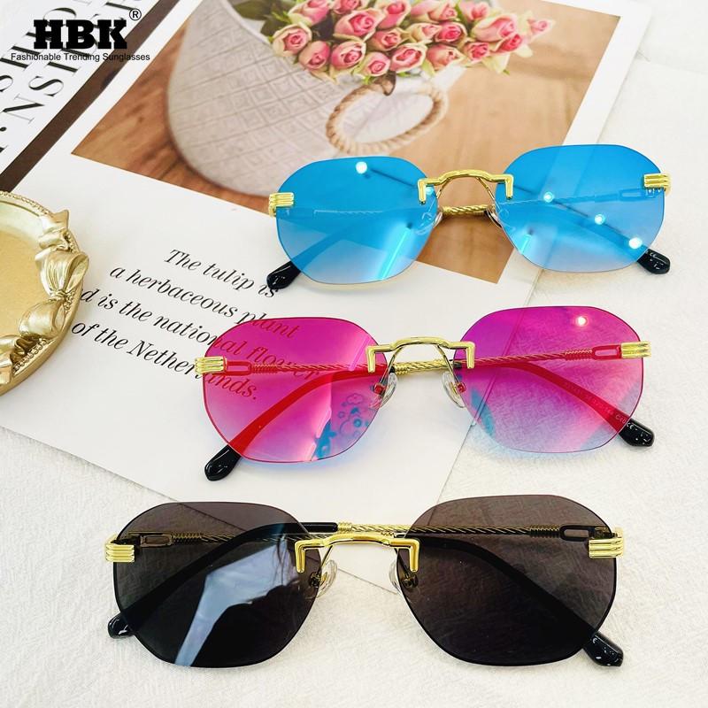 

HBK Square Rimless Sunglasses Women's Fashion 2021 Luxury Red Mirror Lens Metal Frame Vintage Polygon Frameless Sun Glasses