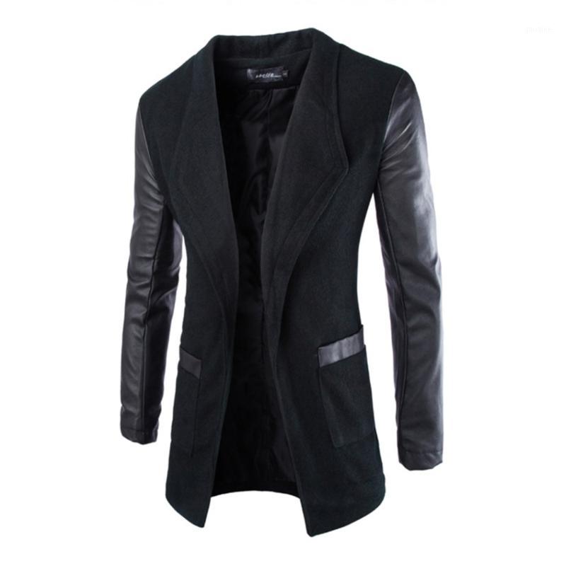 

Wholesale- Mens Jacket Blazer Trench Faux Leather Splice Open Stitch Coat Overcoat Outwear New Arrival 07831, Black