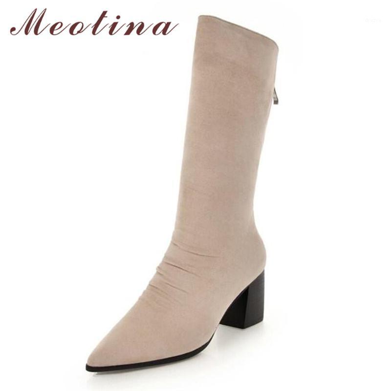 

Meotina Winter Sock Boots Pleated Women Mid Calf Boots Zipper Pointed Toe Thick High Heel Fashion Western Black Beige1, Beige