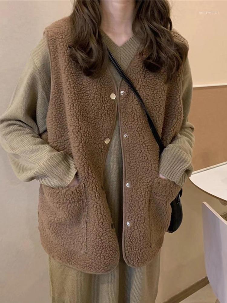 

Autumn and winter ladies lamb hair vest fashion college sleeveless vest women 2021 new style1, Brown