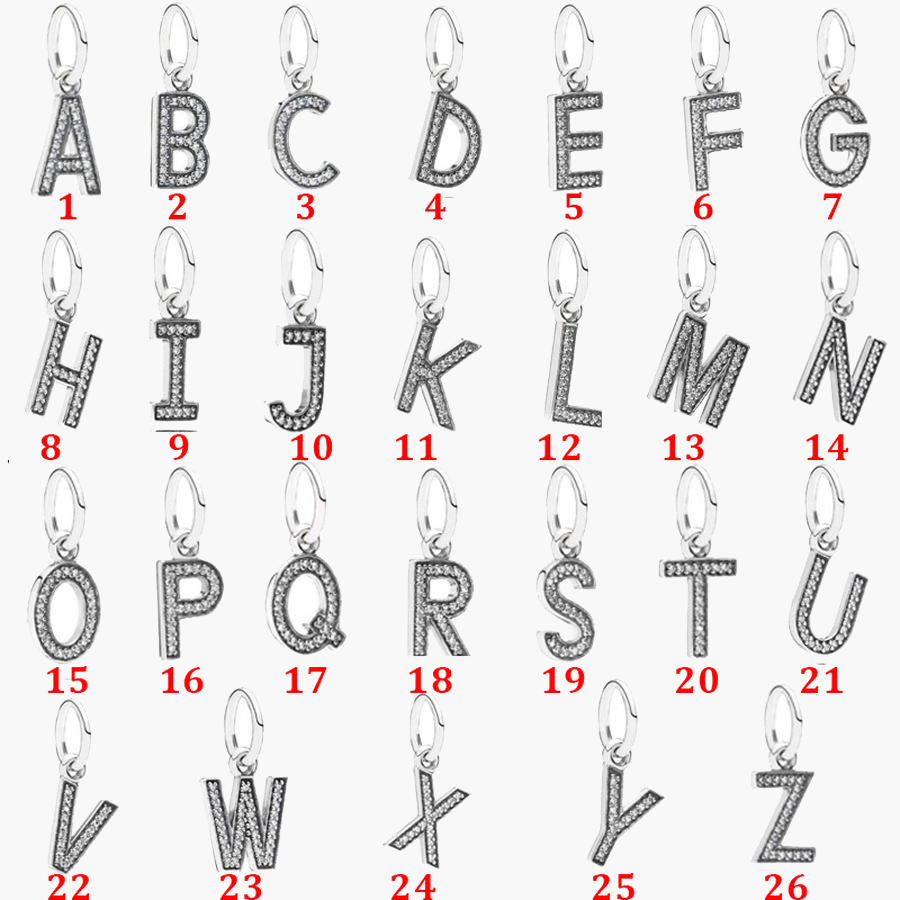 

Fine jewelry Authentic 925 Sterling Silver Bead Fit Pandora Charm Bracelets Twelve English Alphabet Styles with Diamonds Safety Chain Pendan, Black