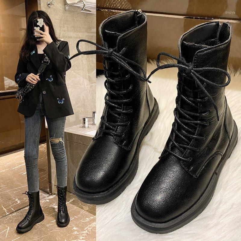 

Autumn and Winter New Ladies Boots Lace-up Casual Low Boots Plus Cashmere Warm Women's Flat Shoes PU Solid Color1, Black