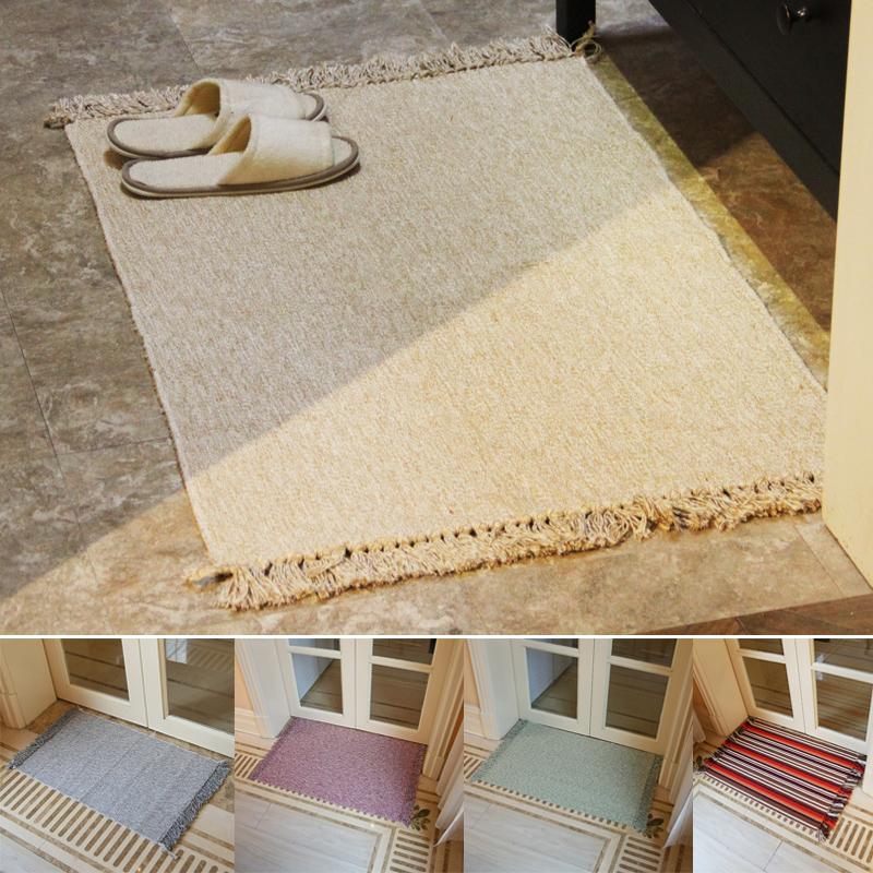 

Retro Hand Woven Cotton Linen Carpet Tassel Bedside Rug Geometric Floor Mat Living Rooms Bedroom Home Decor 2 Sizes Optional