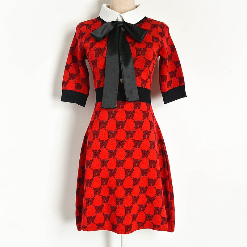 

2021 New Red Vintage Summer Colorblock Sweet Bowtie Dressed in Nightgown the Line Lapel Neck Short Sleeve Dress Knitted High Waist 9KY9