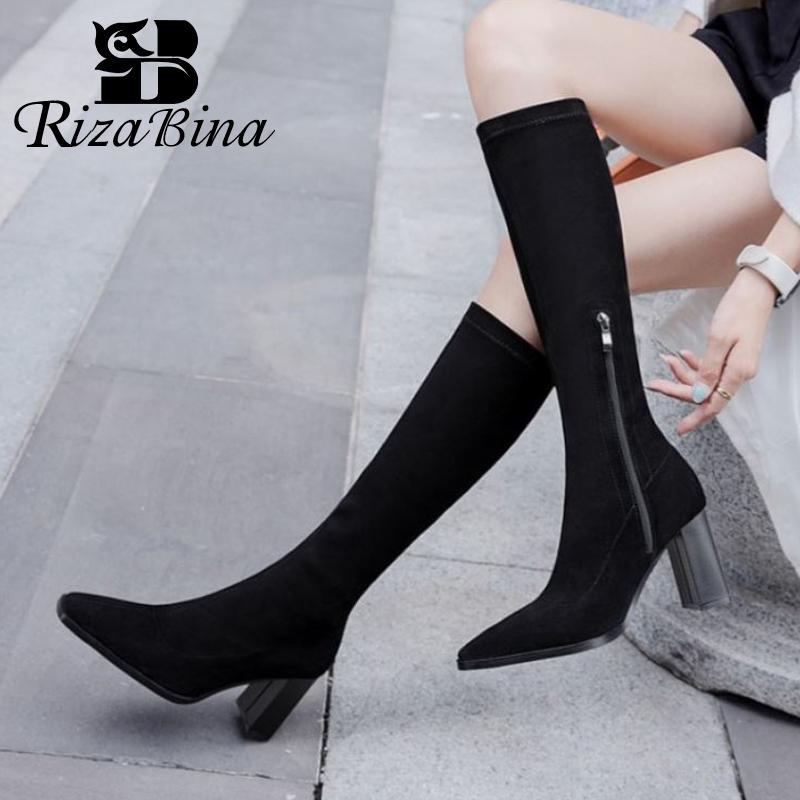 

RIZABINA Women Knee Boots Zipper Thick High Heel Shoes Women Square Toe Winter Warm Long Boot Leather Party Footwear Size 34-39, Black 1