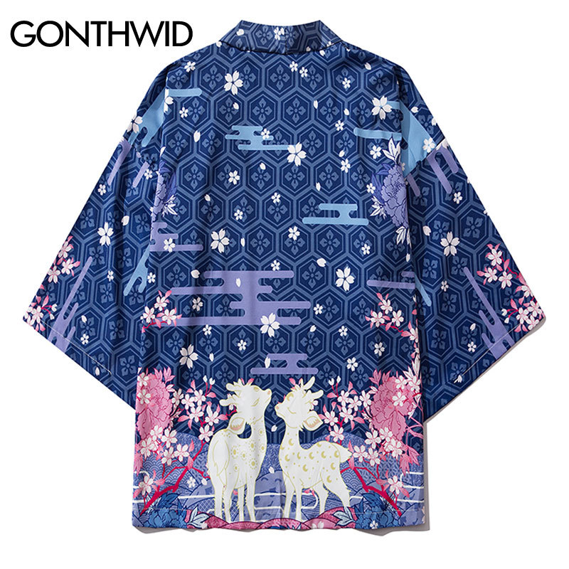 

Harajuku Deer Cherry Blossoms Flowers Print Japanese Kimono Cardigan Jacket Coats Hip Hop Streetwear Casual Loose Tops, Kg-1