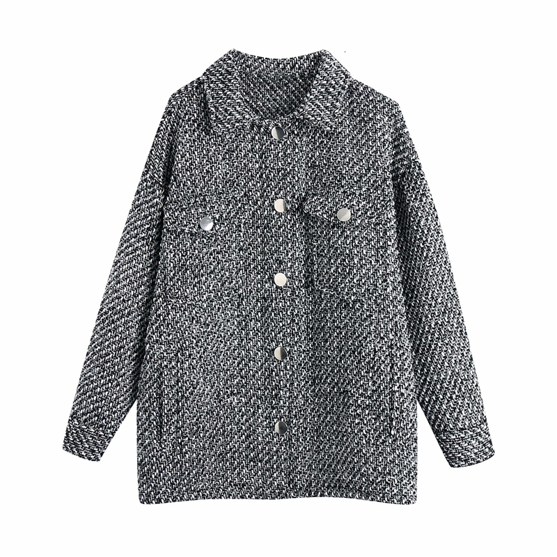 

2021 New Streetwear Women Woolen Plaid Fashion Ladies Button Pocket Jacket Causal Female Chic Loose Turn Down Collar Coats Dy02, Dark grey