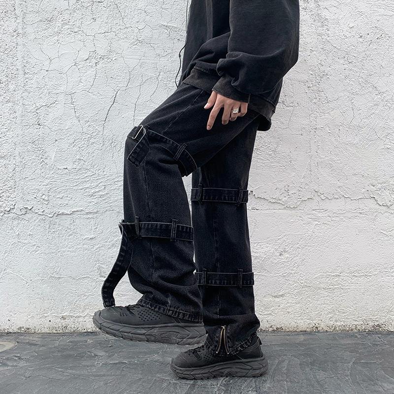 

Men Clothing 2021 Spring Hong Kong Style Loose Large Size Straight Pants Elastic Waist Jeans Men Women Couple Overalls, Black