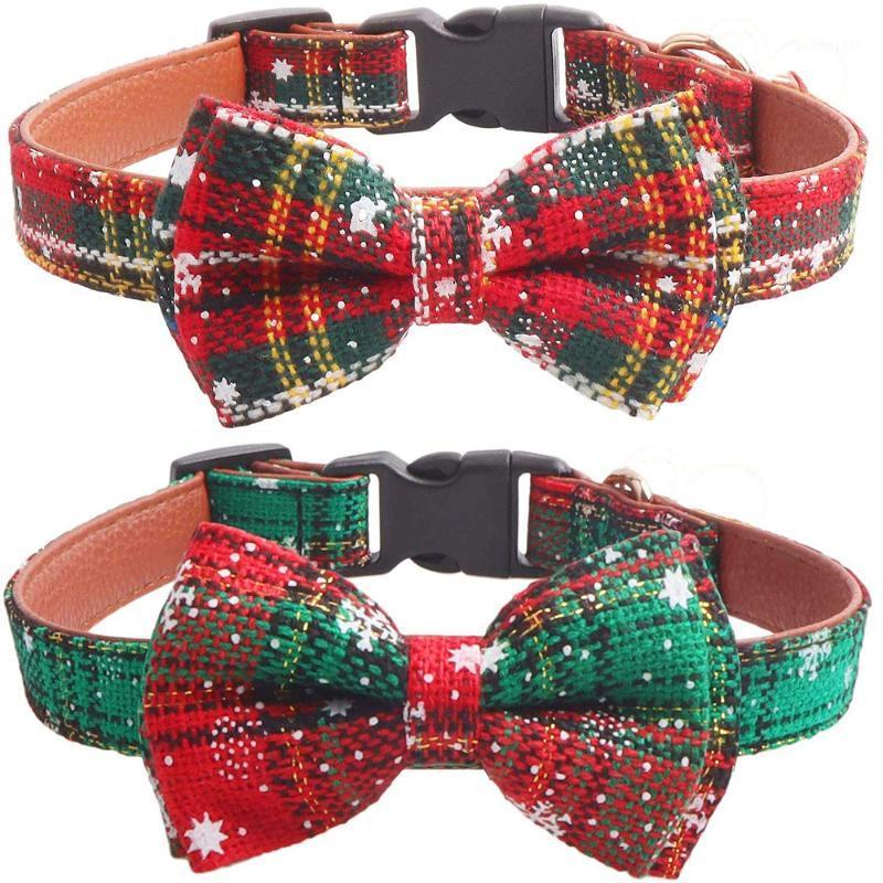 

2 Pack Christmas Snowflake Dog Collars Adjutable Dog Collars with Bow Tie and Bells for Small/Medium/Large Pets, Red & Green1