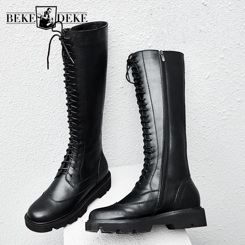 

Women Genuine Leather Fashion Knee Lace Up Thick Platform Flats Winter Fleece Lining High Top Knight Riding Boots, Normal