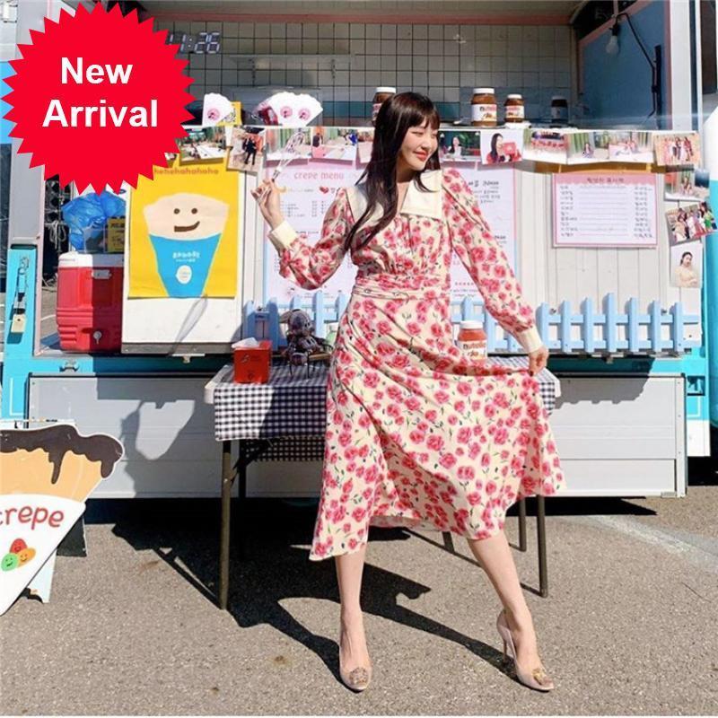 

New Design 2021 of the Sweet Pink Lapel Brand Dress Spring New Floral Luxury High Waist Long Sleeve Party Clothes 1XRL, Blue