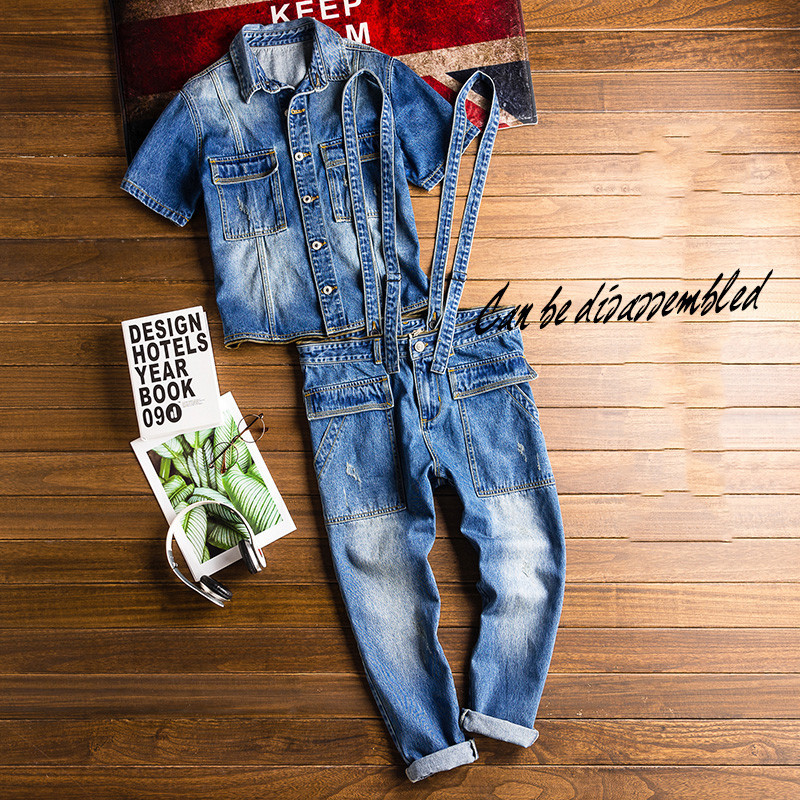 

Men's Short-sleeve Summer Suit Can Be Detached and Used Separately for Male Denim 7vwp, Blue