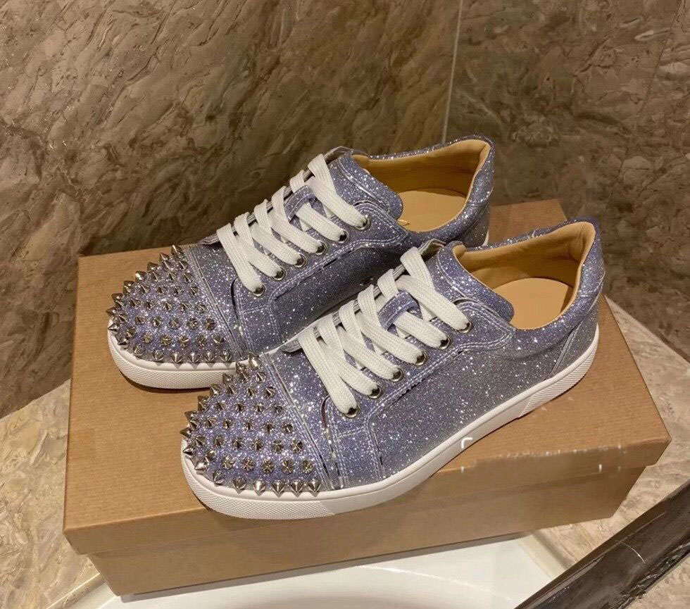 

Brand-new Low top Junior Spikes Red Bottom Sneakers Shoes Glitter Leather Rivets Casual High Quality Comfort Daily Skateboarding Shoes, 21