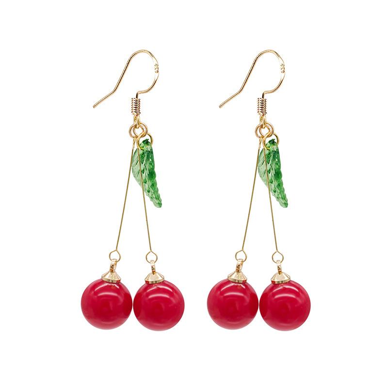 

2020 New Cherry Earrings for Women Fashion Temperament Fresh Long Fringed Pearl Earrings Korean Sweet Cherry Fruit Earring Hot