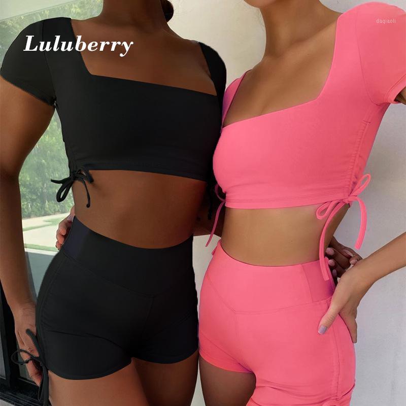 

Sexy Sport Set Women Black Pink String Two 2 Piece Crop Top T-Shirt Shorts Yoga Sportsuit Workout Outfit Thin Fitness Gym Sets1