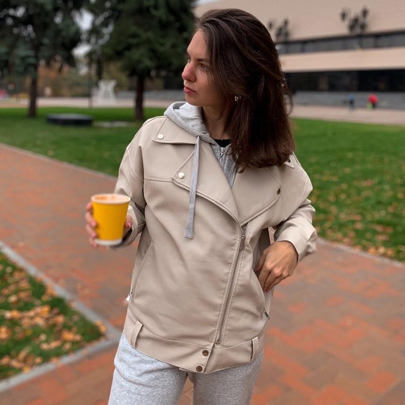 

2021 New Autumn Women Leather Motorcycle Jacket Female with Belt Solid Color Lady Loose Casual Style Coat, Beige
