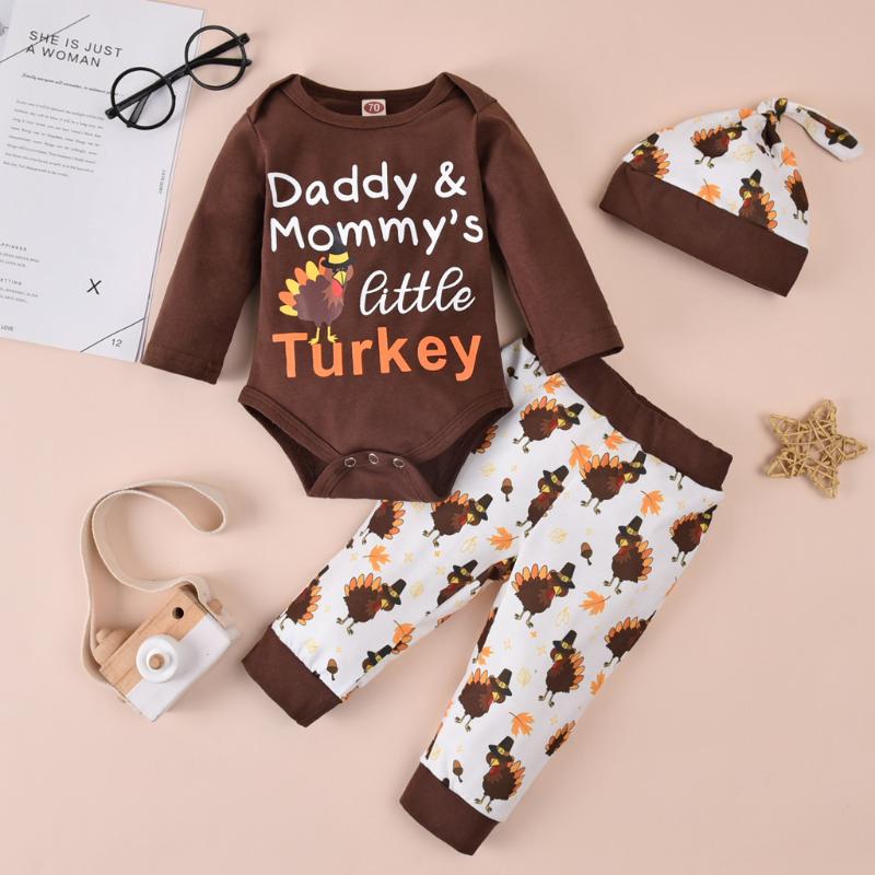 

My first Christmas Set 2020 Newborn Infant Baby Boys Letter Thanksgiving Romper Pants Hat Turkey Outfits Set ubranka dla niemowl, Brown