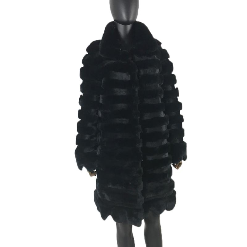 

Women Genuine Rex Fur Coat Jacket Winter Long Warm Outwear Fashion Black Overcoat