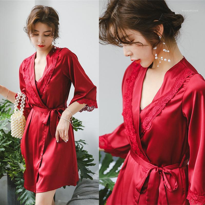 

Burgundy Women Kimono Bathrobe Gown Set Sexy V-Neck Mini Nightdress Suit Vintage Lace Flower Trim Sleepwear Casual Home Dress1, Gray