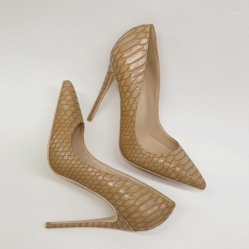 

New style light brown snake pattern 12cm high heels women's single shoes thin heel 10cm light mouth pointed girl temperament1, Brown 10cm