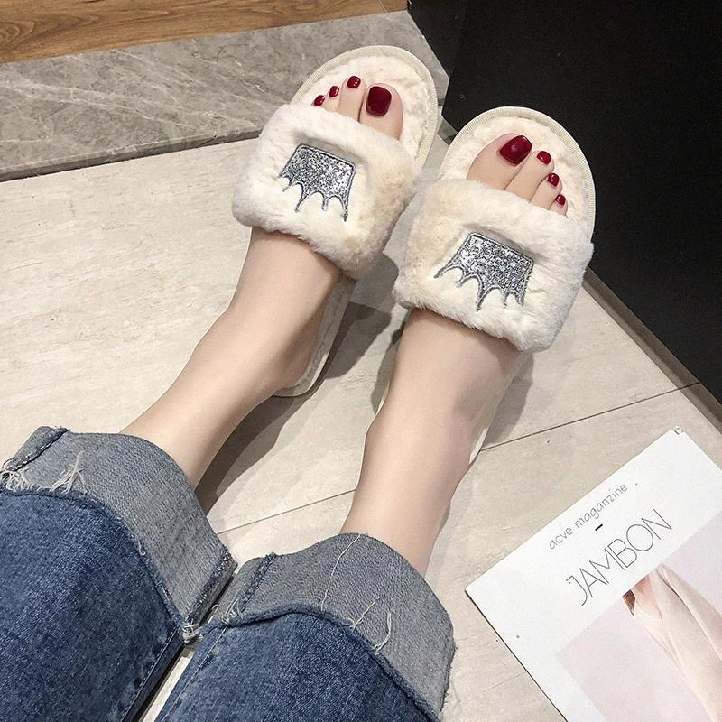 

COOTELILI Winter Women Home Slippers with Faux Fur Fashion Warm Shoes Woman Slip on Flats Female Slides Sequin Crow Black Pink #6X2Z, Beige