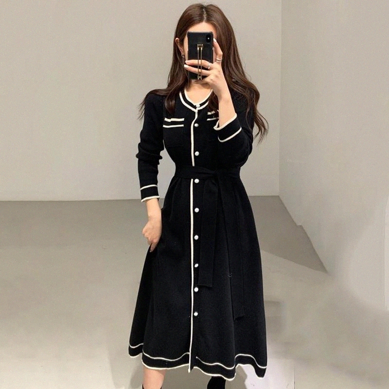 

JXMYY Korean chic temperament with a small fragrance style new fashion pearl button color matching soft waxy long dress #yB4q, Black;gray