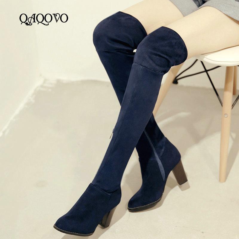 

Over the Knee Boots Women Floock Sqaure High Heel Stretch Boots Zipper Autumn Winter Ladies Shoes Blue Wine Red Black1, Black