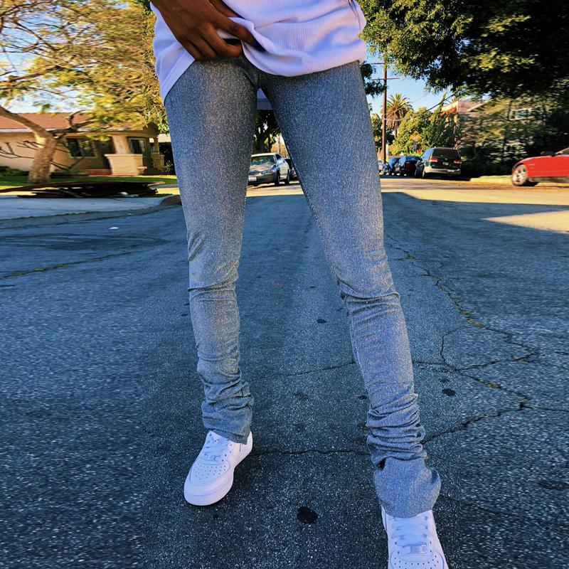 

Women Stacked Leggings Streetwear Glitter Mid Waist Solid Color Pants High Street Slim Fit Workout Flare Pants Clubwear, Blue