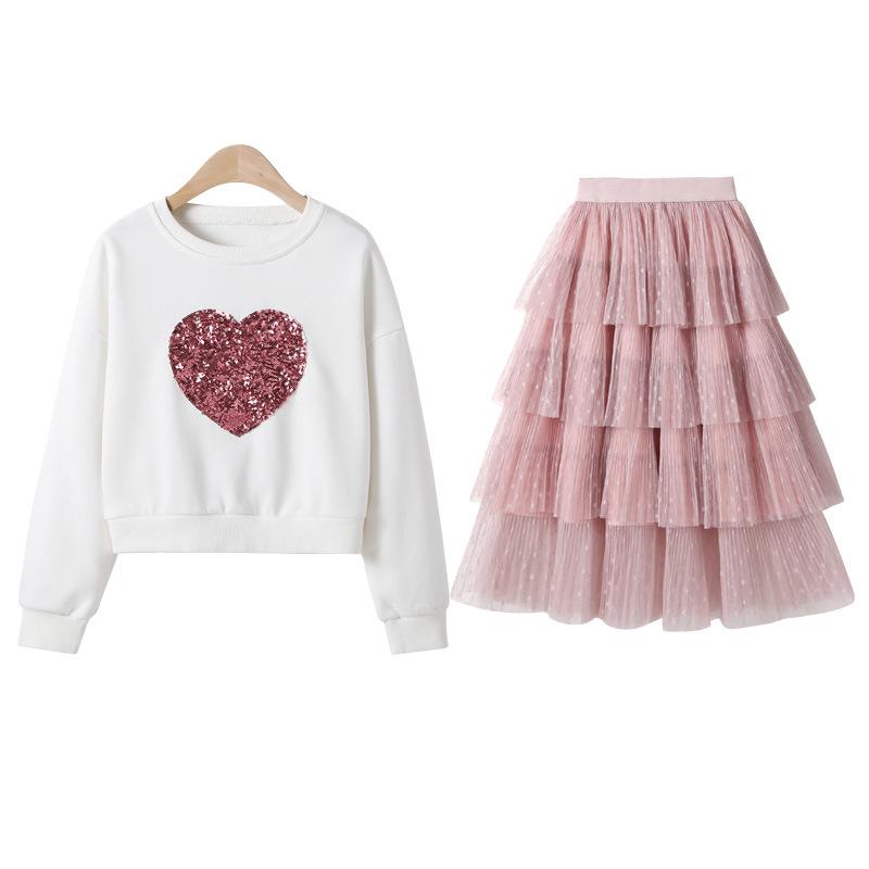 

Children's Girls White Red Sequined Sweater and Pink Black Lace Cupcake Skirt Two Piece Clothing Sets Kids Party Wedding Suits