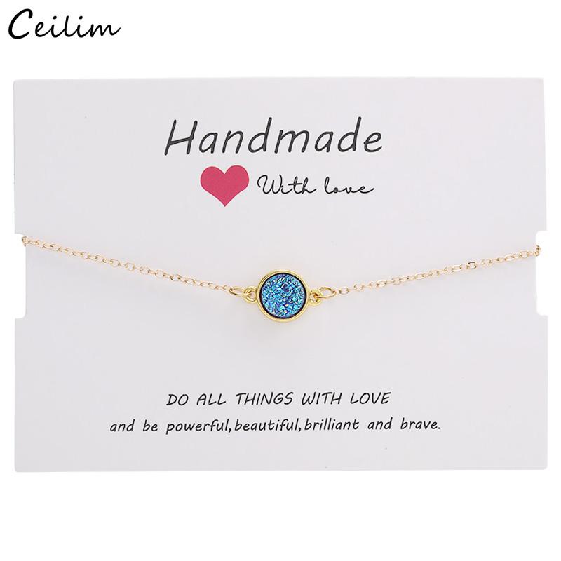 

Charm Bracelets Simple Fashion Round Resin Druzy Bracelet For Women Gold Color Thin Chain Crystal Friendship Jewelry Gift