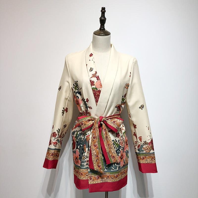 

New Retro Japanese Flower Printed Belt with Long Sleeves Kimono Suit, See chart