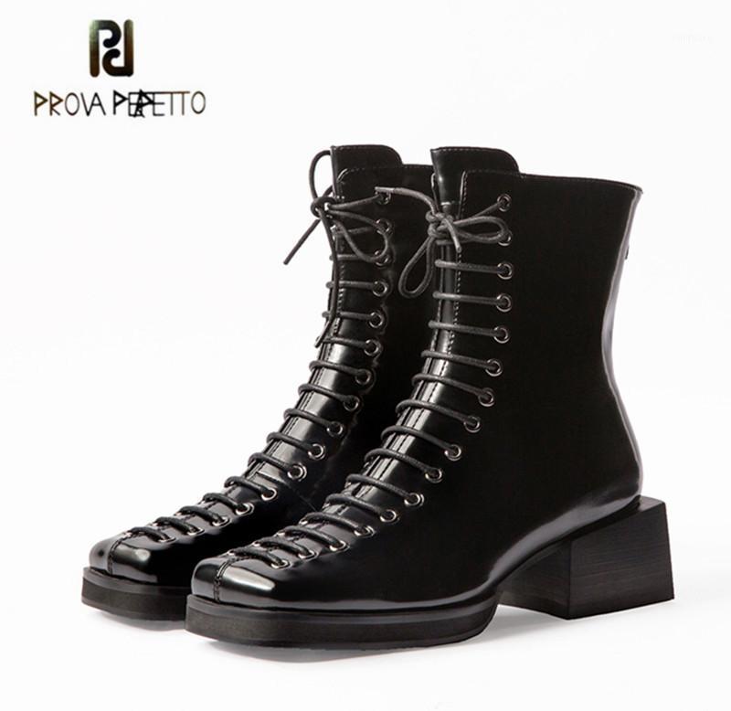 

Prova Perfetto Winter Short Boots Women Chunky Heel Leather Square Toe Rear Zipper Lace-Up Black Plush Botas Feminina Fashion1