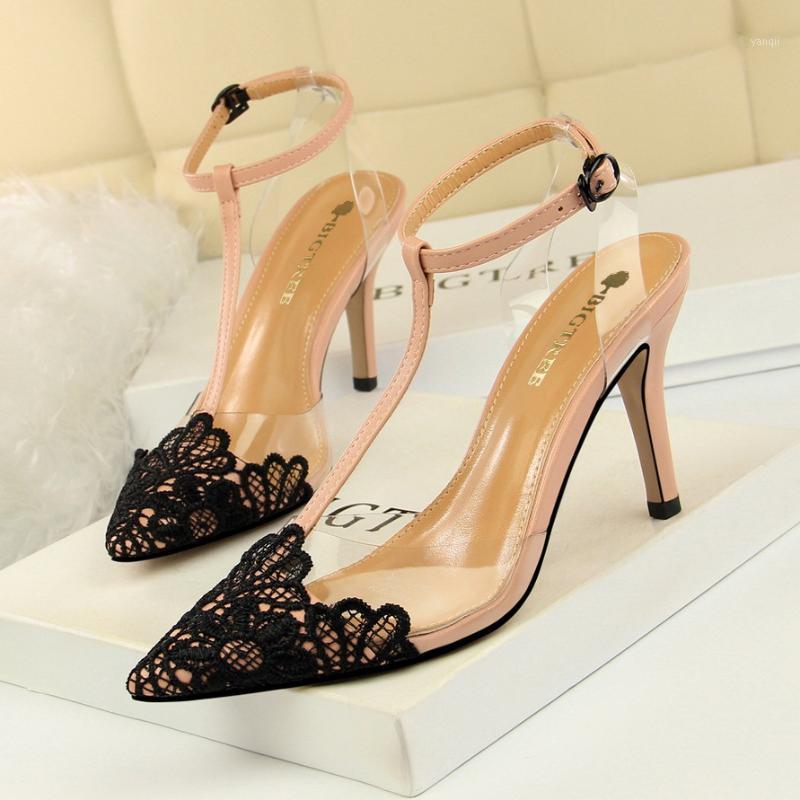 

968-1 fashion banquet transparent barefoot women's shoes thin heel high heels lace pointed T-belt sandals high heels1, Beige
