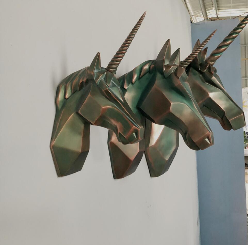 One horned horse Decorative Objects retro home bar club KTV shopping mall supermarket wall decoration bronze-image-754328878