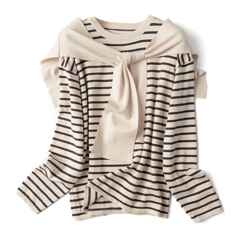 

2021 New Striped Women Sweater Young Style Pullovers Top Autumn Winter Jumper Long Sleeve Knitwear with Cape Fause 2 Piece Set 0tsc, Black