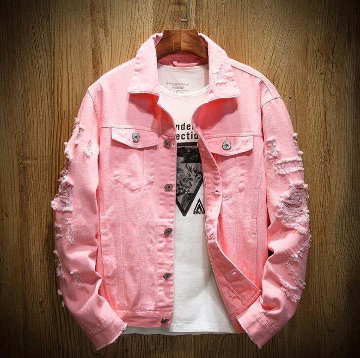 New Men Denim Jacket Fashion Ripped Holes hip hop Cotton coat Black Red Pink Jean Jackets Single-Breasted Casual Bomber Jackets Chaqueta Streetwear