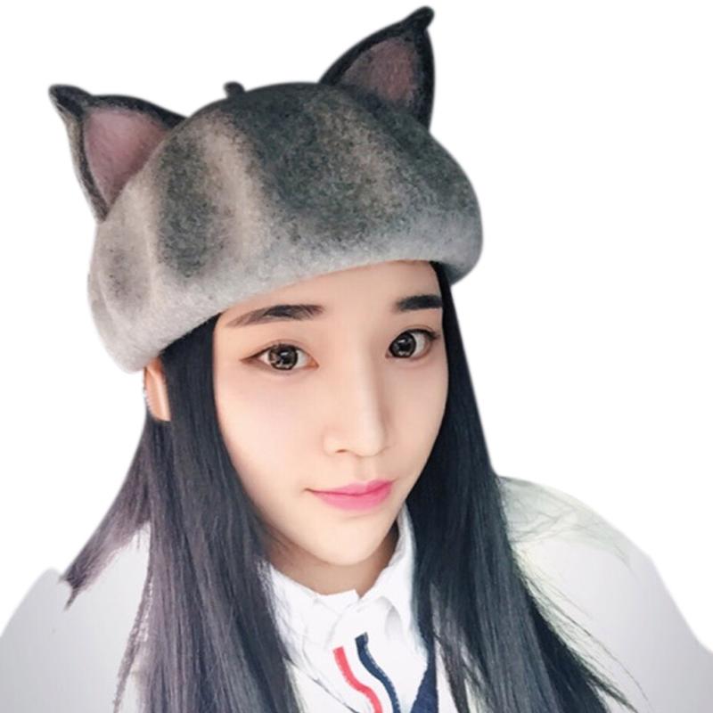 

Women Cats Ear Wool Felt Beret Cap Cute Warm Painter Hat Christmas Winter Wool Felt Cap -MX8, Brown
