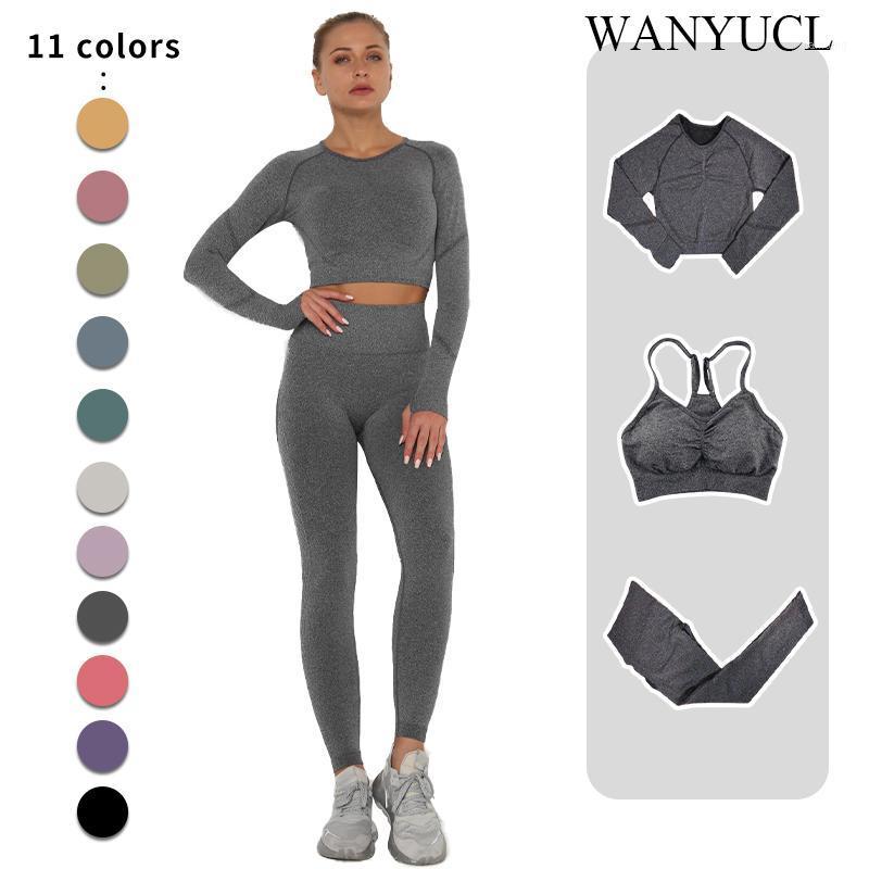 

Seamless Yoga Set Women Workout Sportswear Gym Clothing Fitness Long Sleeve Crop Top High Waist Leggings+Sport Bra Sports Suits1, Dark gray-pants