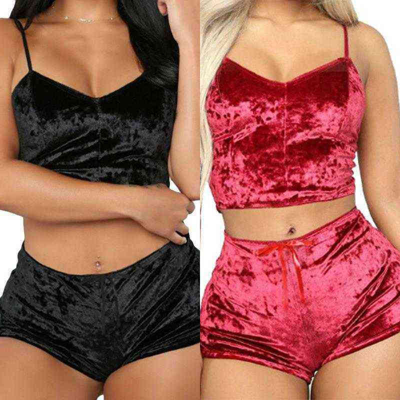 

Nxy Sexy Set Womens Strappy Cami Crop Tops Short Pants Sleepwear Nightwear Pajamas 1223, Black