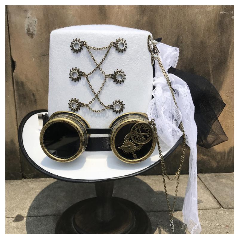 

Wide Brim Hats Women Retro Handmade Steampunk Top Hat With Gear Glasses And Lace Stage Magic Performance White Size 57CM Steampunk1, Black