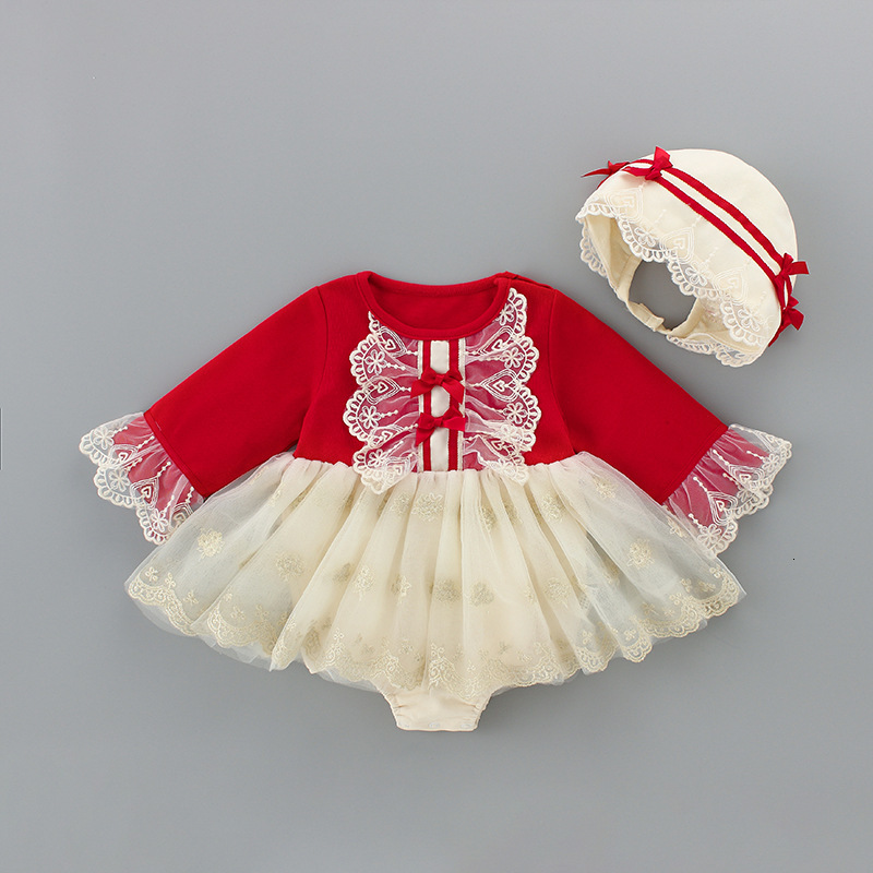 

2021 New Bodysuits+hat 2pcs/set Mesh Skirt Flare Sleeve Cotton Infant Girls Christmas Clothing Sequined Embroidery Baby Outfit T1uu, Red