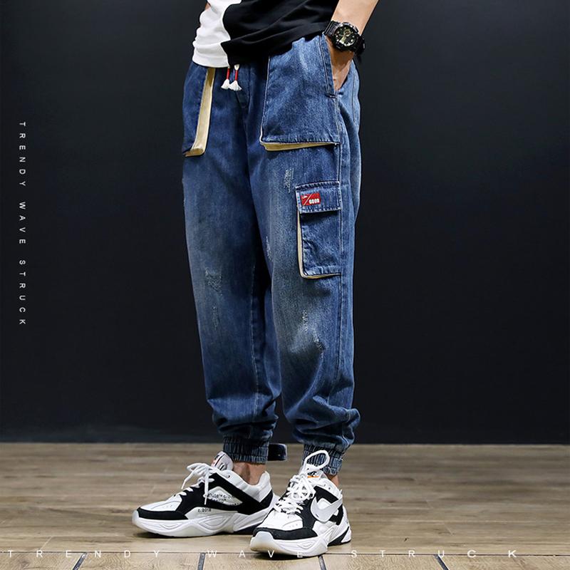 

Fashion Men Baggy Jeans Blue Color Loose Fit Multi-Pockets Cargo Pants Slack Bottom Harem Trousers Hip Hop Jogger Jeans Homme