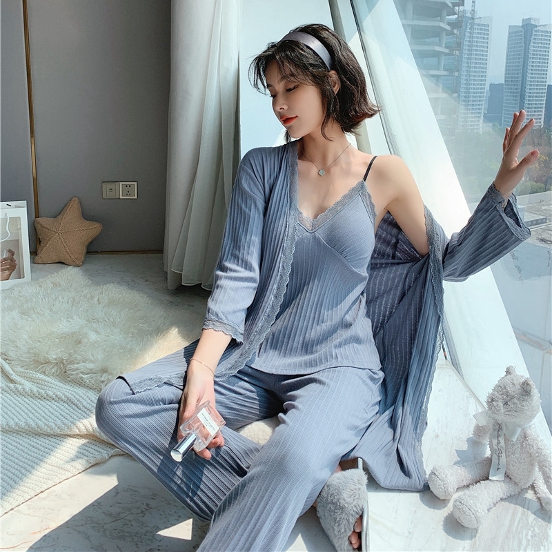 

Daeyard Cotton Pajamas For Women Sexy Lace Trim Pyjamas Spring Autumn Sleepwear 3 Pieces Lounge Sets Ladies Robe Pijama Homewear 201106, Beige