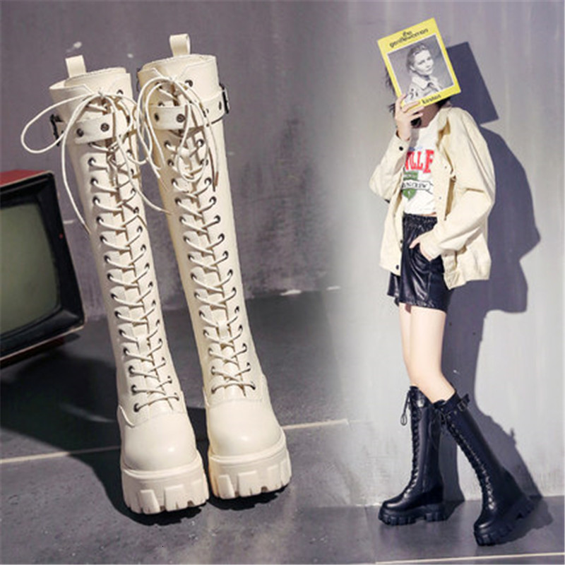 

New Female 2021 Fashion Plutonium Leather Cross Winter Warm Autumn Knee High Ladies Thick Soles Mujer Black Boots RQ39, Beige