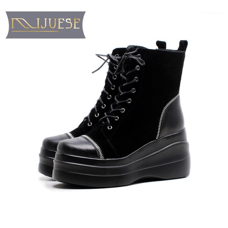 

MLJUESE 2020 women ankle boots cow leather black color winter warm short plush wedges ankle boots platform1