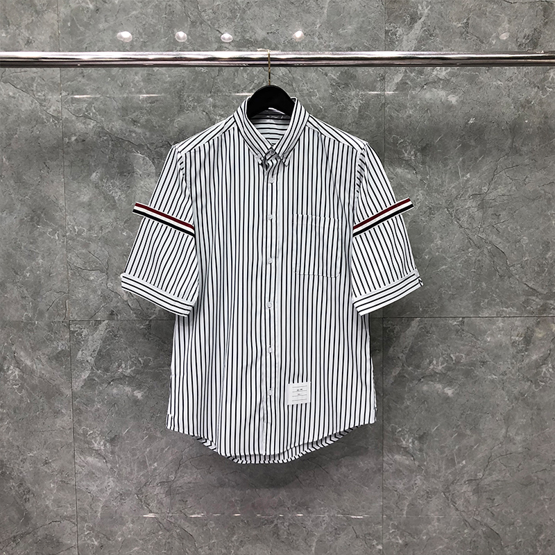 

Summer Thin Men's Shirt Stripe Ribbon Armband Poplin Cotton Oversized Blouse Quick Drying Business Casual High Quality Wholesale Short-sleeved Designer Shirts, Packing bag