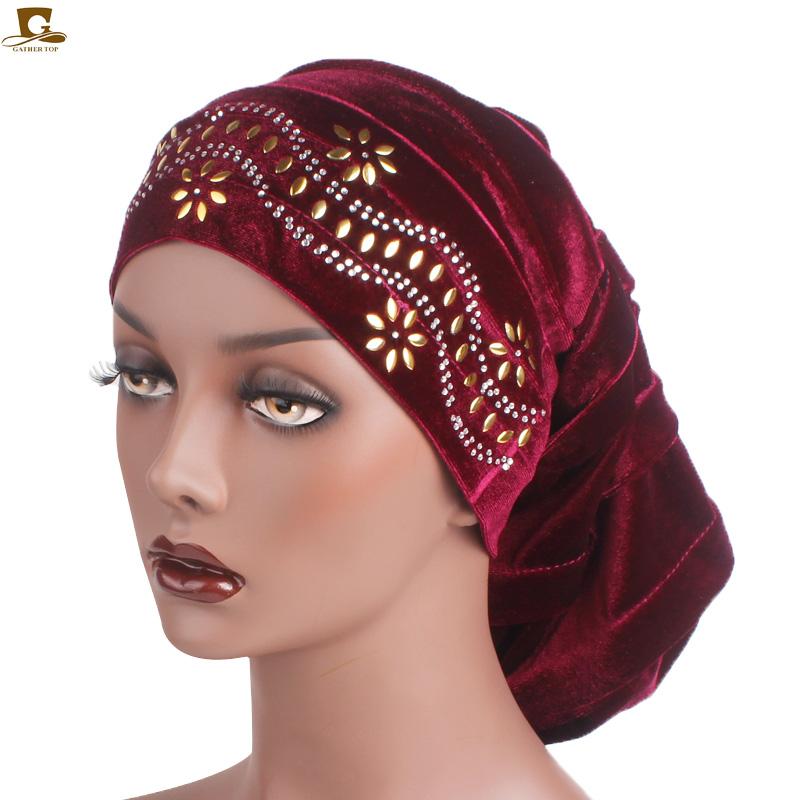 

New Diamante Velvet Pleated Turban Dreadlocks Sleeping Cap Baggy Hat for Hair Loss Muslim Slouch Caps Hair accessories, Black